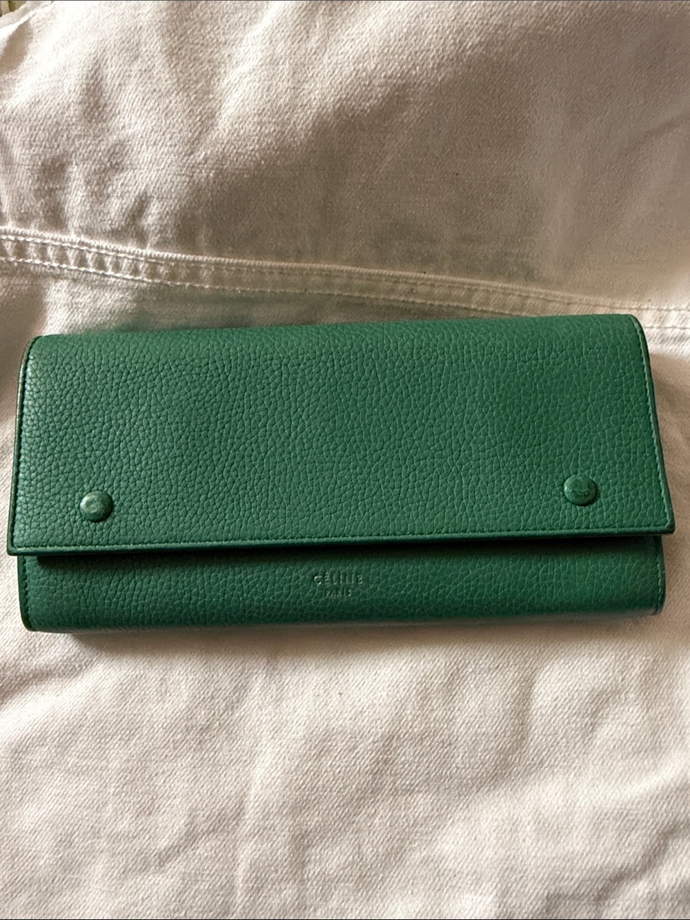 Vintage Celine Green Leather Long Wallet/Authentic + Certificate of Authenticity